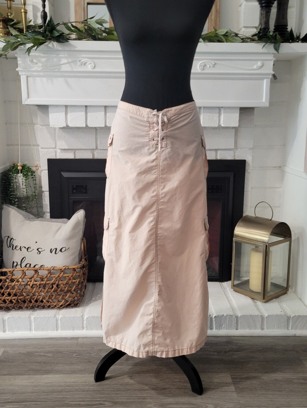 Vintage Y2k Tommy Hilfiger Blush Pink Cargo Low Rise Tie Front Maxi Skirt Size 7 - Picture 2 of 12